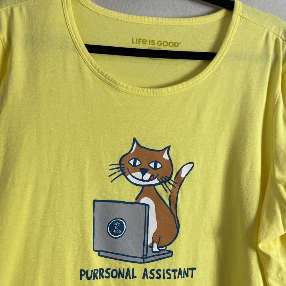 Life Is Good Womens XL Purrrsonal Assistant Cat Tee‎ Shirt Yellow 3/4 Sleeve